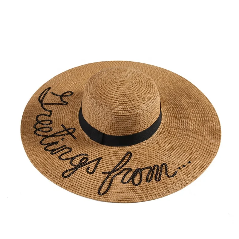 Hot Selling Fashion Wide Brim Embroidery Beach Hat Women big brim Straw hats