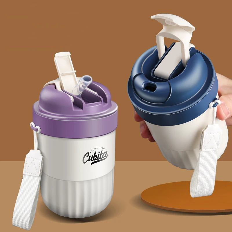 Custom Logo Double Wall Coffee Cups 304 Stainless Steel Outdoor Portable Iced Coffee Cup Mugs with Hand Rope and Straw