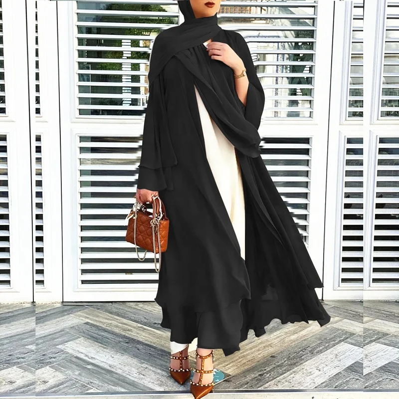 Loriya Hot Selling EID Abaya Dubai Turkey Islamic Clothing Chiffon Kimono Two Layers Open Abaya Muslim Hijab Dresses