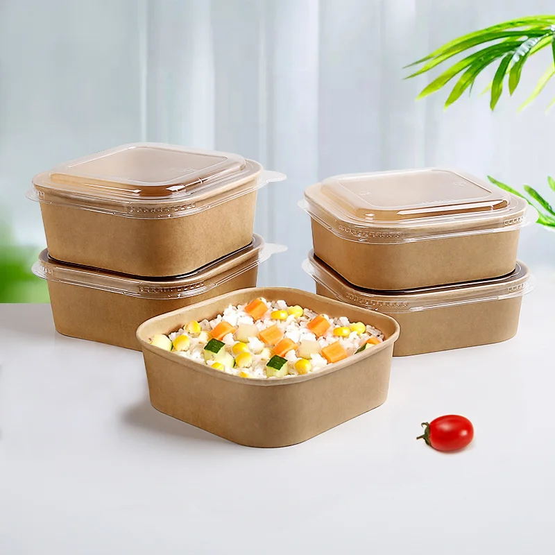 Eco Friendly Take Away Disposable Square Kraft Paper Bowl With Plastic Lid For Salad