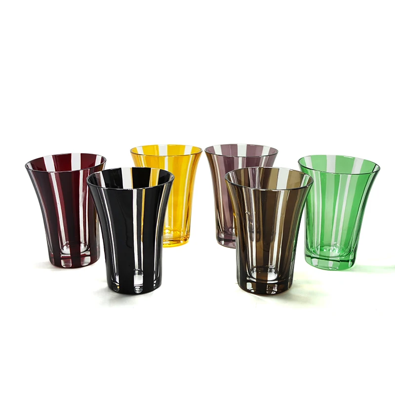 Set of 5 high ball glass cup colored glass tumblers stemless cup engraved with stripe shape for wine juice
