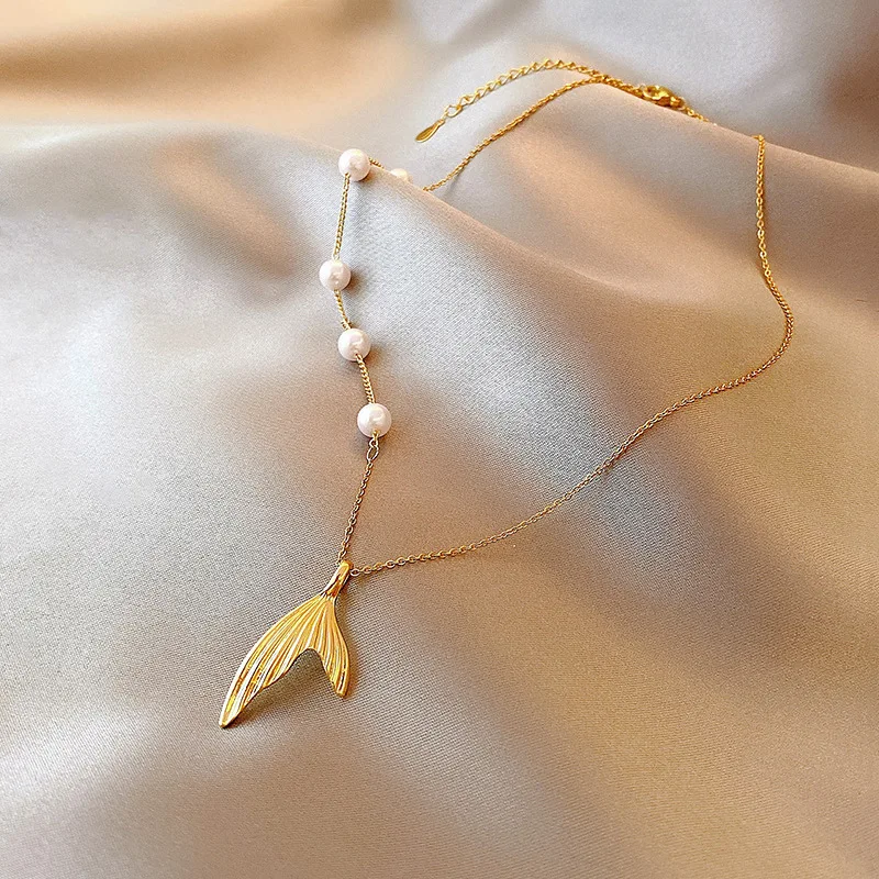 Waterproof Stainless Steel 18K Gold Plated Jewelry French Imitation Pearl Fish Tail Pendant Necklace Non Tarnish