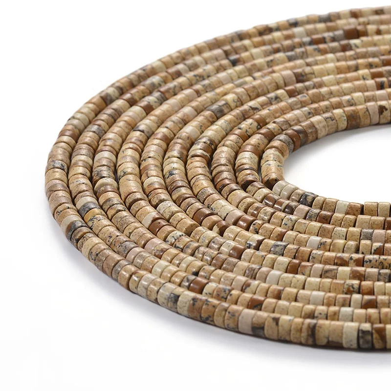 Wholesale Semi - Precious Flat Round Wheel Shaped Natural Gemstone Brown Picture Jasper Stone Beads Heishi For Jewelry Making