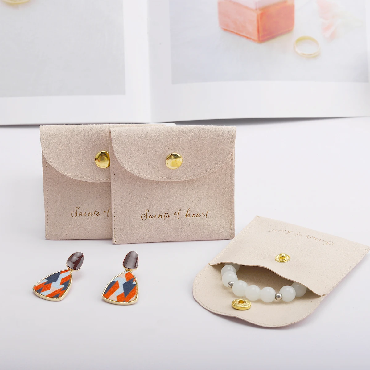 Custom Logo Printed Earrings Jewelry Packaging Bags Reusable Luxurious Flap Small Beige Envelope Microfiber Pouch