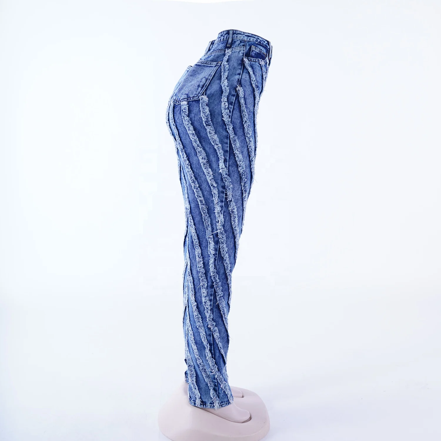 SKYKINGDOM gz longchan custom logo jeans women straight blue jean sets women casual wear stripes tassel jeans big size for woman