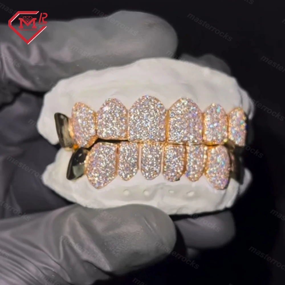 Custom Solid 10k Yellow Gold Grillz Hand Made Iced Out Vvs Moissanite Teeth With Plain Gold Hip Hop Grillz For Men
