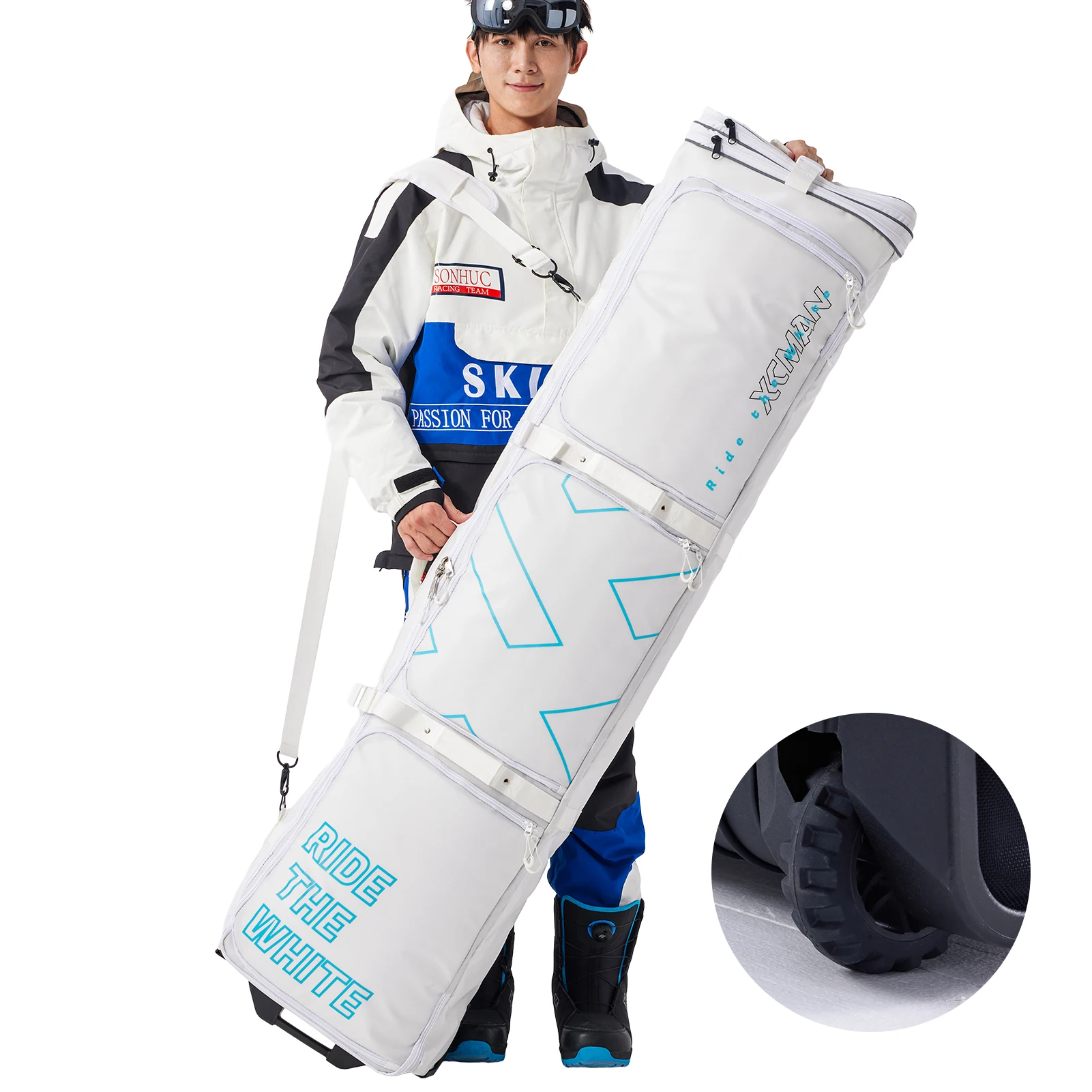 Padded Snowboard Bag with Wheels- Snow Ski Bags for Air Travel Adjustable Length 61-70In Large Capacity with Water-Resistant