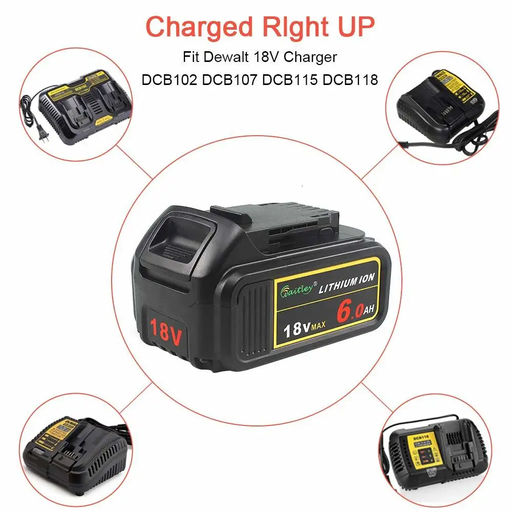 Waitley BCD184 18V 6Ah 6000mAh Replacement Battery Lithium Batteries for DeWalt 18 V and 20V MAX XR power tool