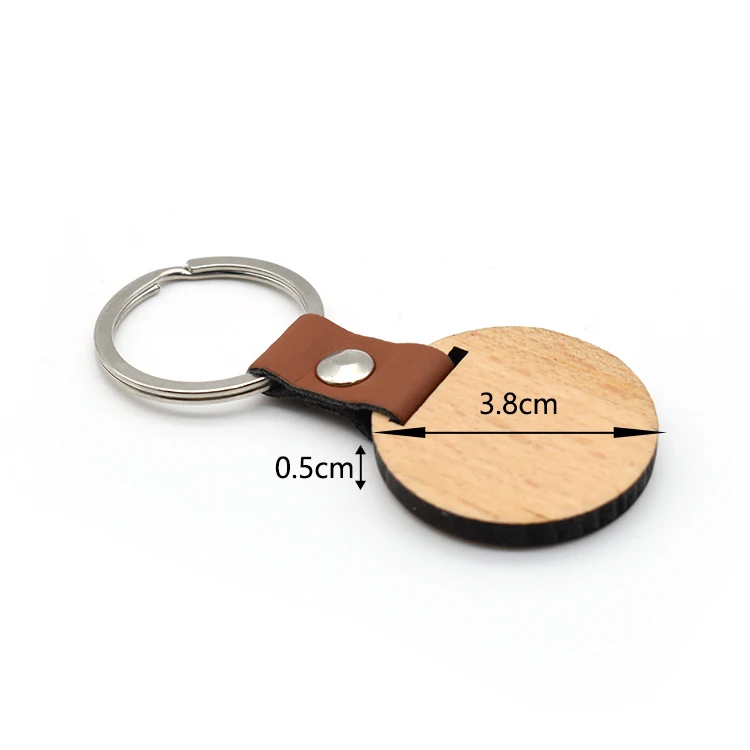 Custom Logo Blank Wooden Keychain Handmade Round Shape Keyring With Split Key Ring Leather