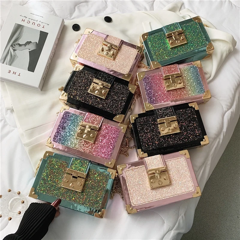2022 Multi Color Luxury Small Ladies Handbag Evening Party Women Hand Bag Rainbow Sequined Crossbody Girls Wedding Purse