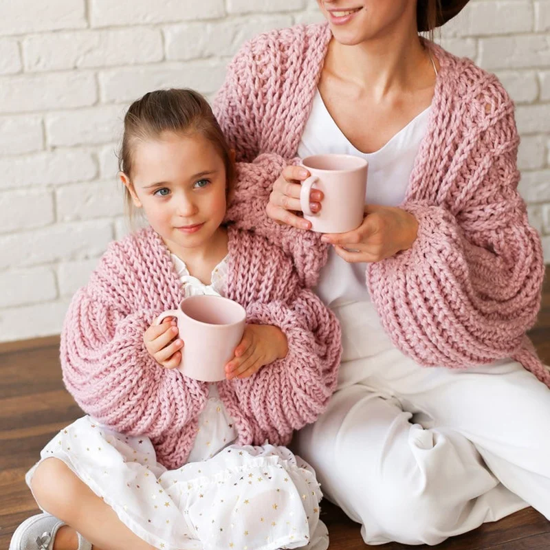 High Quality pink lantern sleeve knit cardigan sweater family mommy daughter matching clothing
