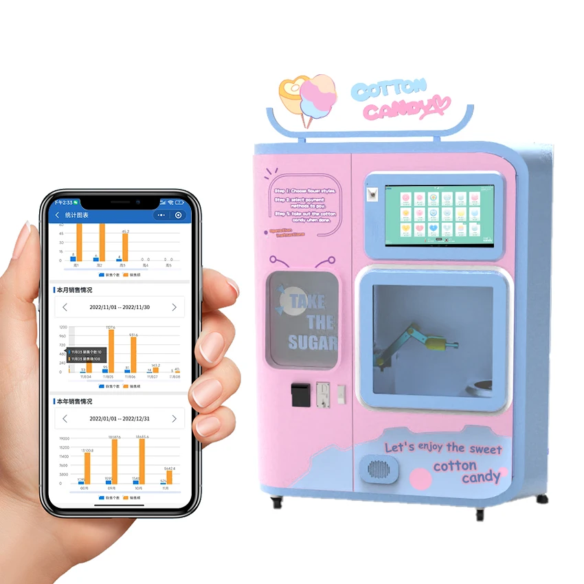 Industrial commercial cotton candy machine supplier automated candy floss vending machine customizable coin banknotes swipe card