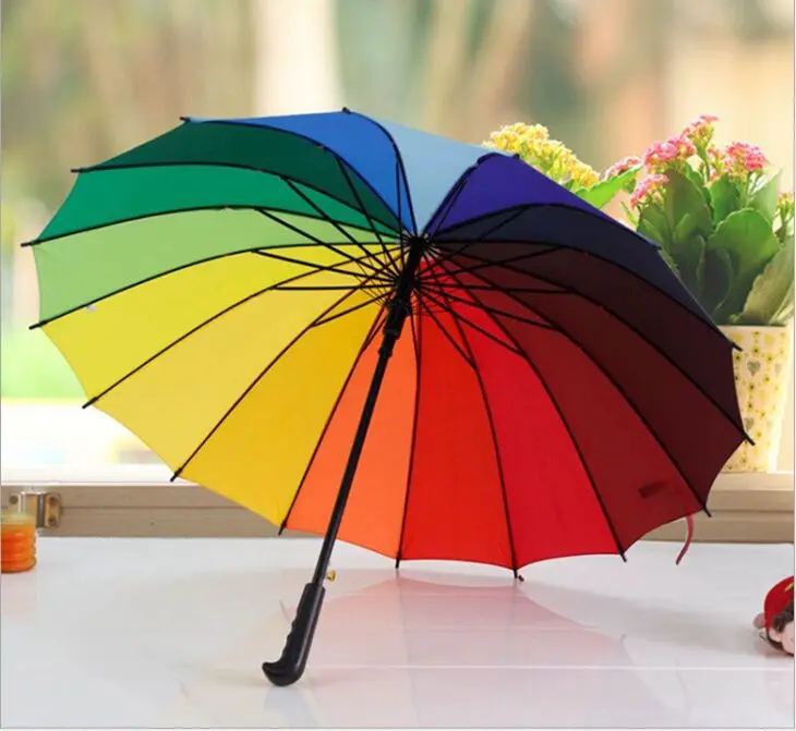 23 Inch 16 Ribs 16 Colors Hot Sale Semi Automatic Windproof rainbow umbrella Custom Colorful Promotion Straight Umbrella