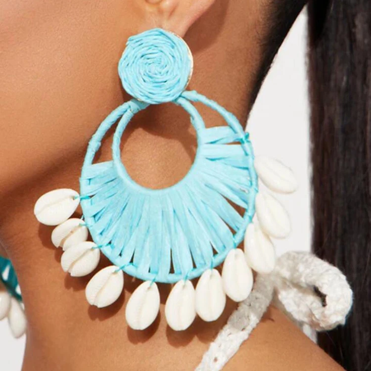 XD-17 Beach Women Ear Jewelry Trendy Wholesale Woven Braided Raffia Natural Shell Stud Earrings For Girls