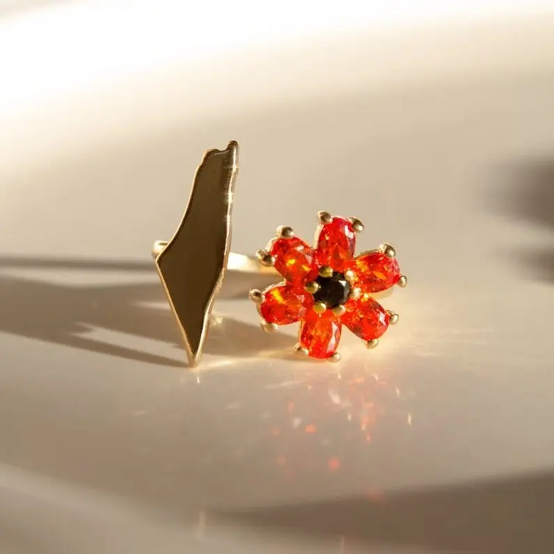 Wholesale Customization Country Palestine Ring With Red Poppy Flower Tarnish Free 18k Gold Plated Stainless Steel Ring Jewelry