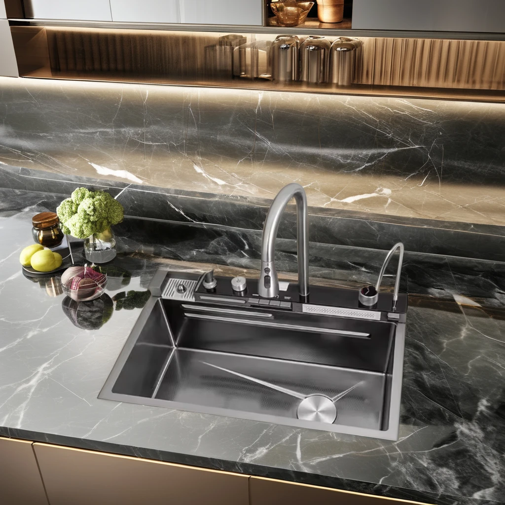 Stainless Steel Apron Farmhouse Handmade Kitchen Sink Light Emitting Diode Smart Waterfall Multifunctional Kitchen Sinks