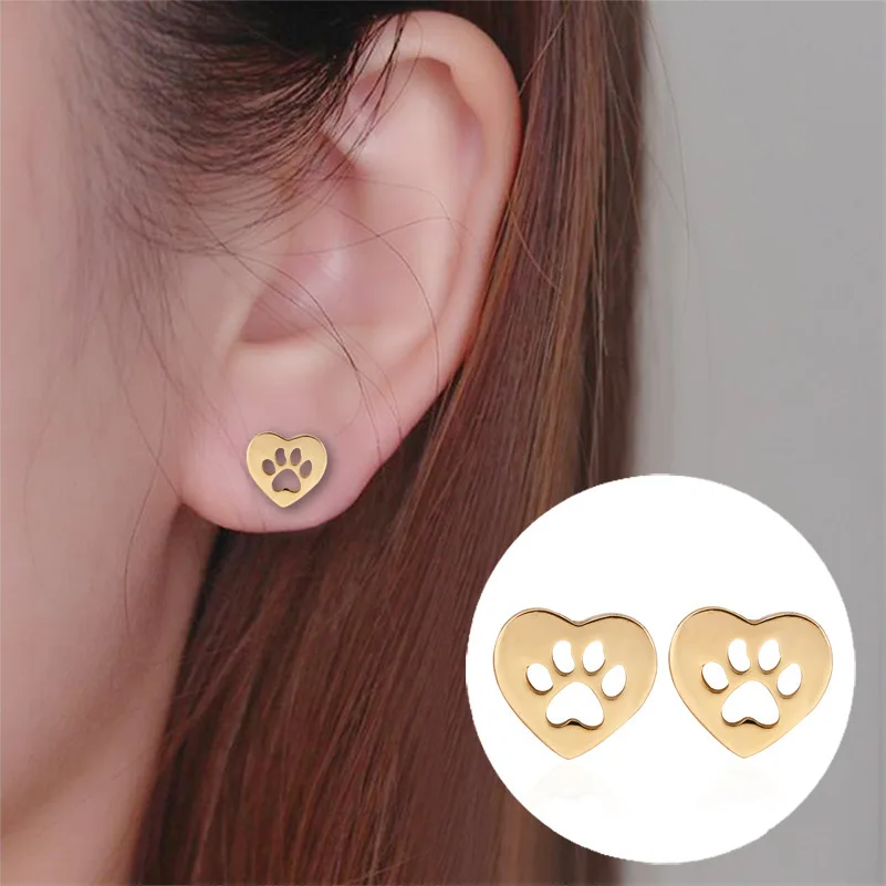 Cute Dog Paw Personalized Stainless Steel Earrings Small And Simple Stainless Steel Geometric Love-Shaped Earrings