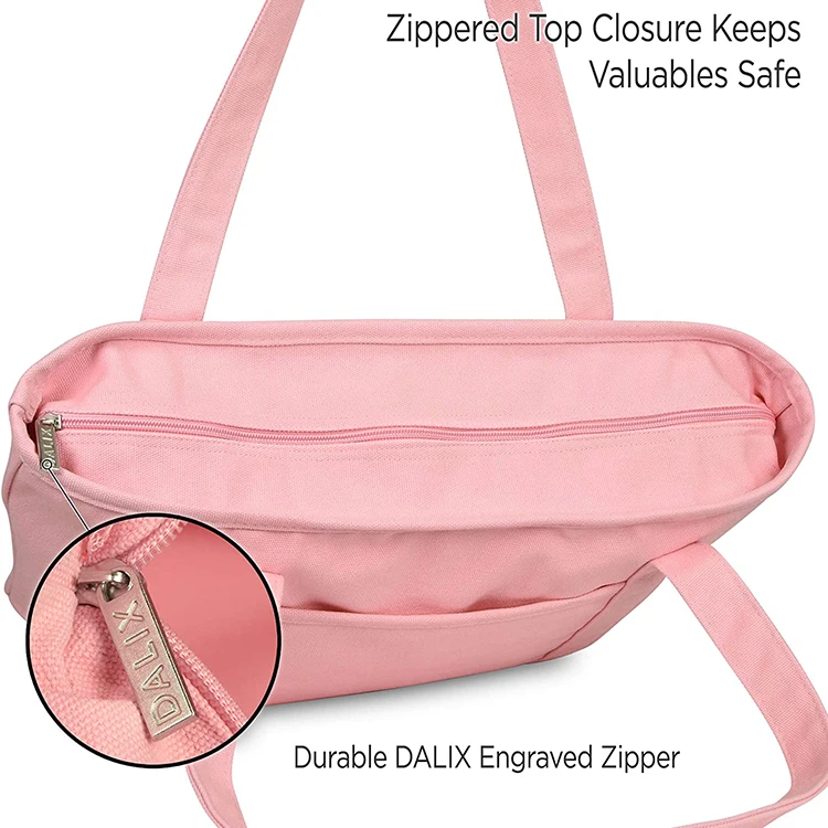 Custom Cotton Canvas Logo Zipper Tote Bag pink Shoulder Bags With Large Capacity
