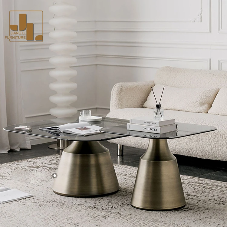 Nordic style hotel living room bronze coffee table furniture metal frame glass top coffee table set