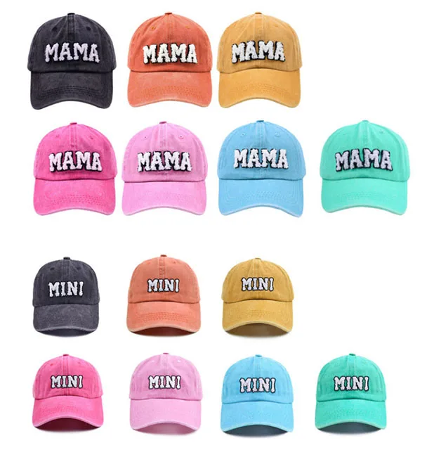 MAMA & MINI Letter Baseball Caps Washed Denim Sports Caps Retro Vintage Cotton Adjustable Solid Color Snapback Hat