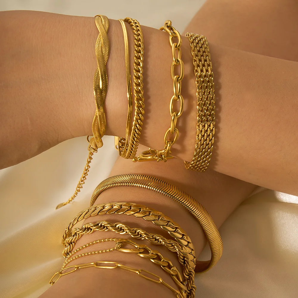 Waterproof Minimalist Cuban Paperclips Chain Bracelet Bangle Flat Snake Stacking 18K Gold Stainless Steel Bracelet For Women