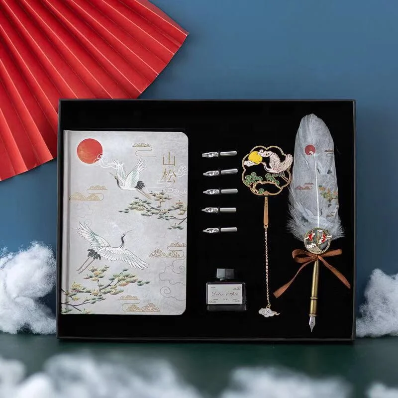 2022 Latest Chinese styles calligraphy quill feather fountain pen and wax seal set with notebook ink bottle 5 nibs