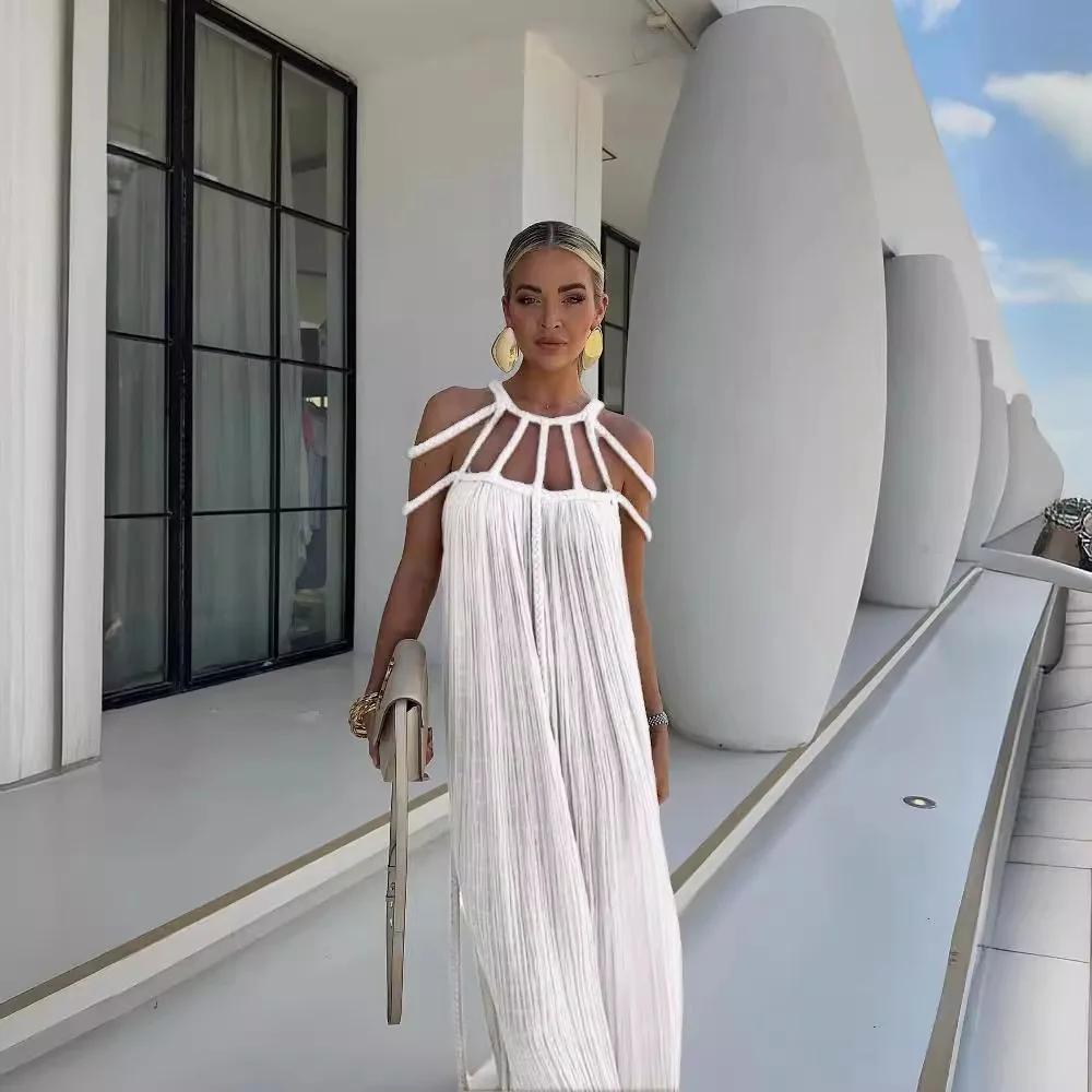 2024 Summer Long Dress Halter Deep V-neck Backless Club Wear Knitted Sexy Hollow-out Handmade Rope Design Dress