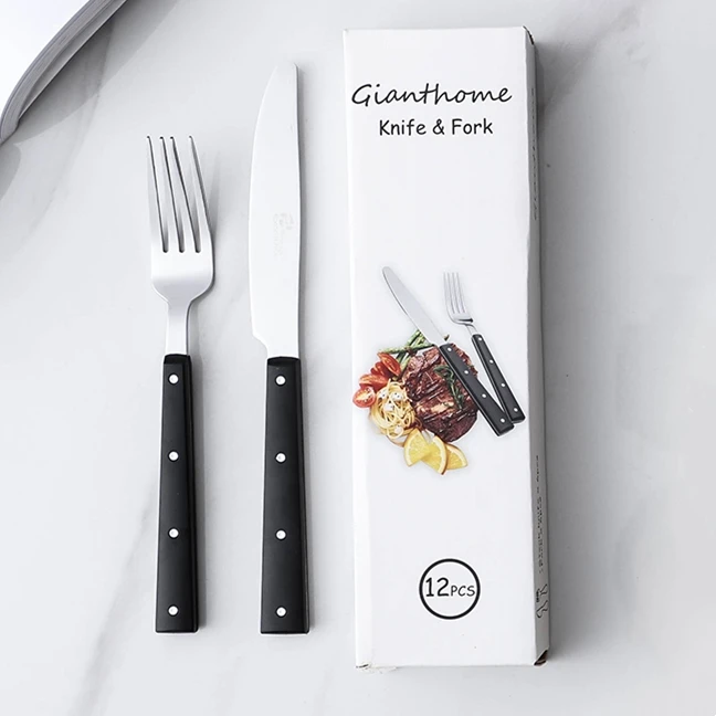 
Retail 12 pcs steak set plastic black handle design restaurant used stainless steel steak knife and fork set 