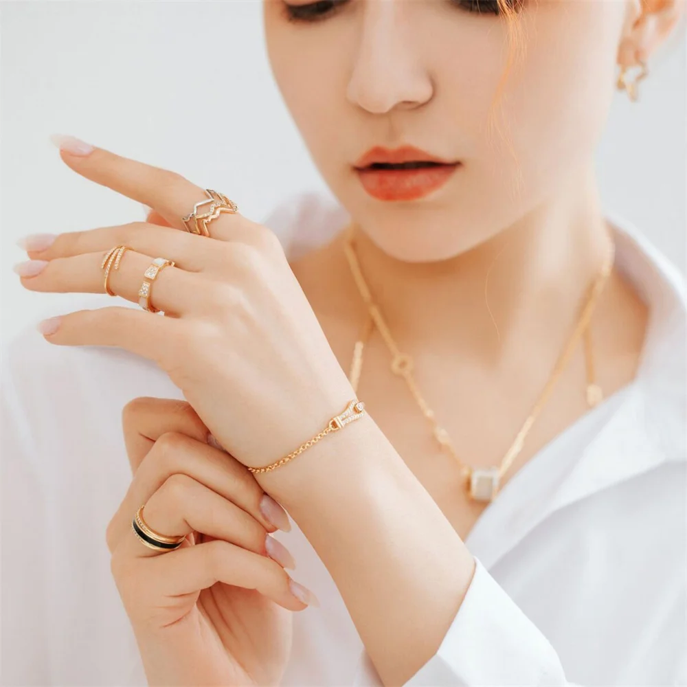 Creative 925 Sterling Silver Double Hoop Bracelet Unique Design 18K Gold Plated Cross Chain Cubic Zirconia Bracelet