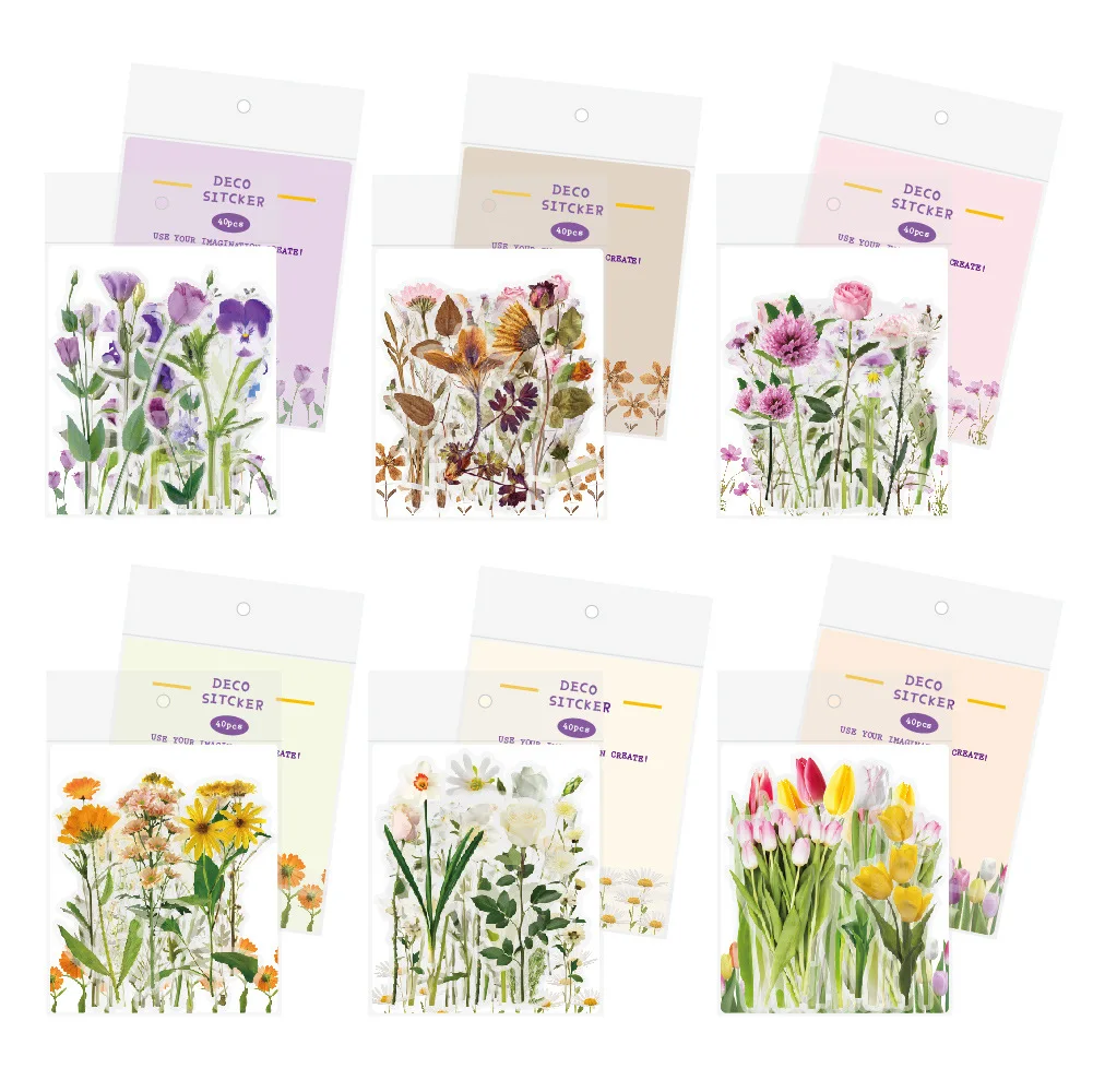 Flower sticker pack waterproof transparent PET hand account bullet diary DIY tulip material hand account sticker1 pack of 40