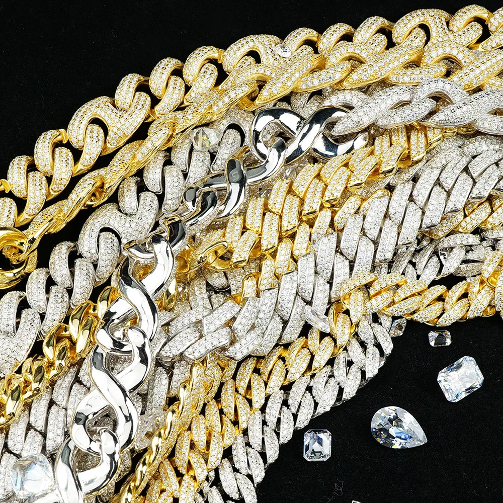 Top Fashion High Quality S925 Hip-Hop Jewelry Gold Plated 6-16mm Full Iced Out Moissanite Cuban Chain Necklace for Wholesale