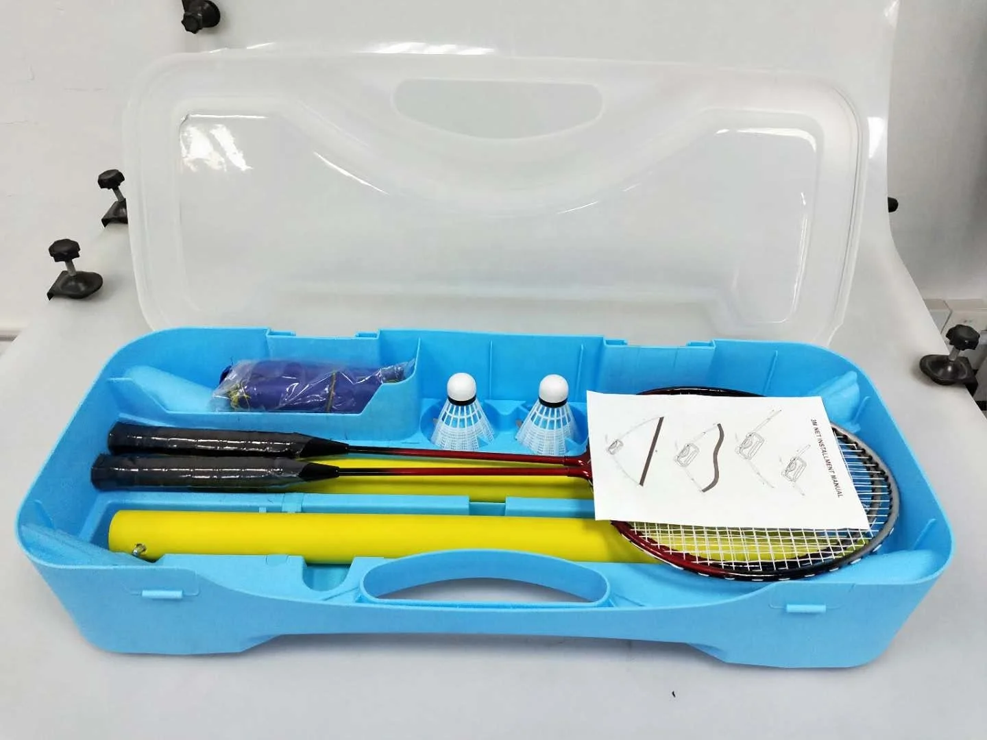 Portable Complete Badminton Set Storage Box Base with 2 Battledores 2 Shuttlecocks for Ball Game