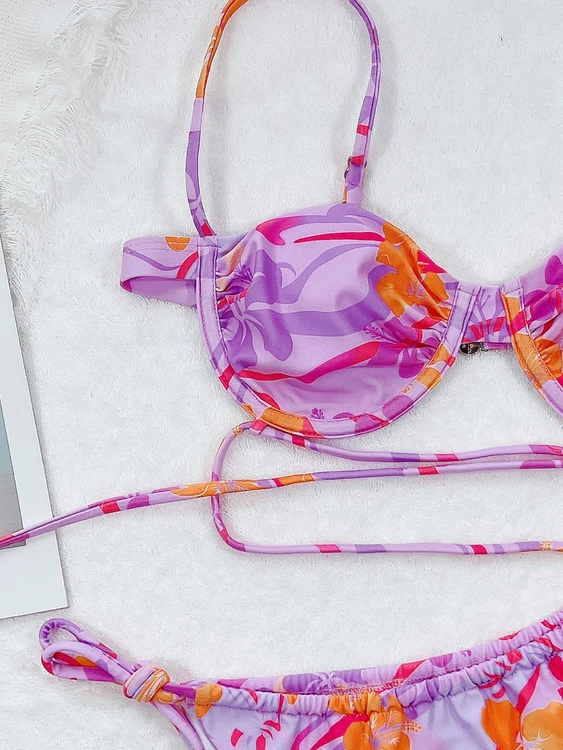 2022  women bathing suit sexy push up floral printed draw string mini thong bikini New design ladies micro swimwear