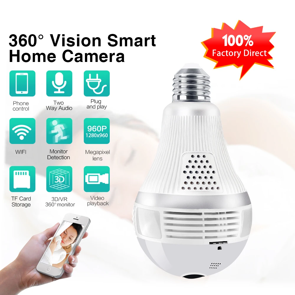 New Product Camera bulb!!! 960P 360 Degree VR Panoramic Bulb IP Camera Indoor Wifi Two Way Audio Security Camera Wifi
