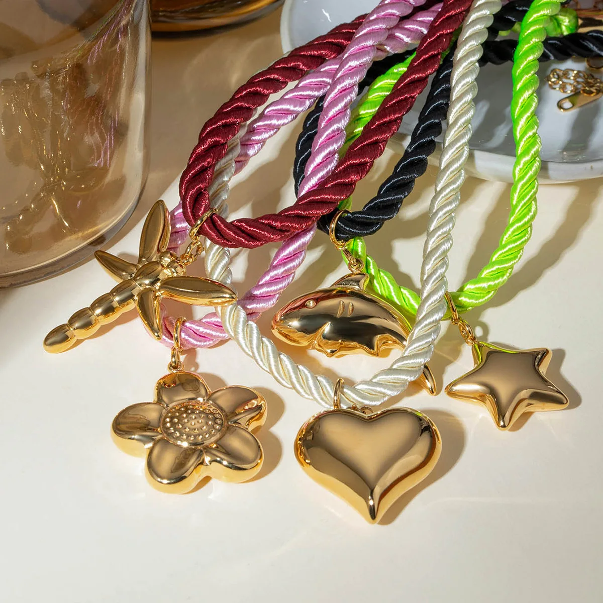 18K Gold Plating Stainless Steel Thick Rope Smooth Dolphin Heart Flower Star Fashion Pendant Necklace