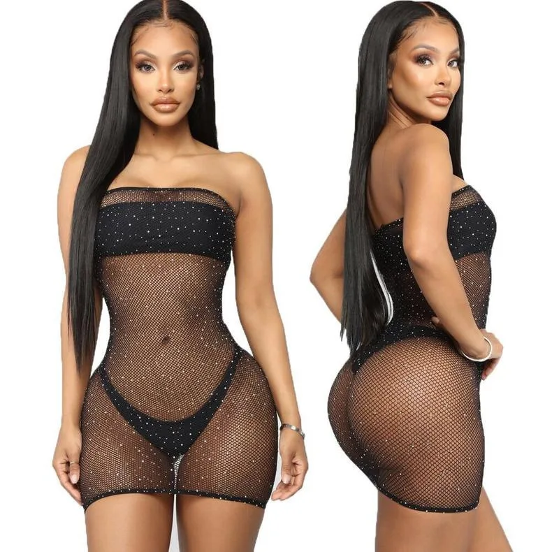Europe and America Chest Wrap Bodystocking Products Large SizeVaqua Fishnet Rhinestone Fishnet Bodystocking Dress