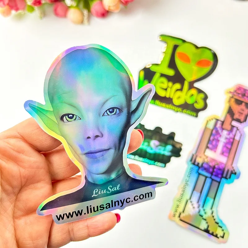 Waterproof Rainbow Silver Laser Die Cut Holographic Logo Sticker Cartoon Glitter Hologram 3d Anime Custom Holographic Stickers