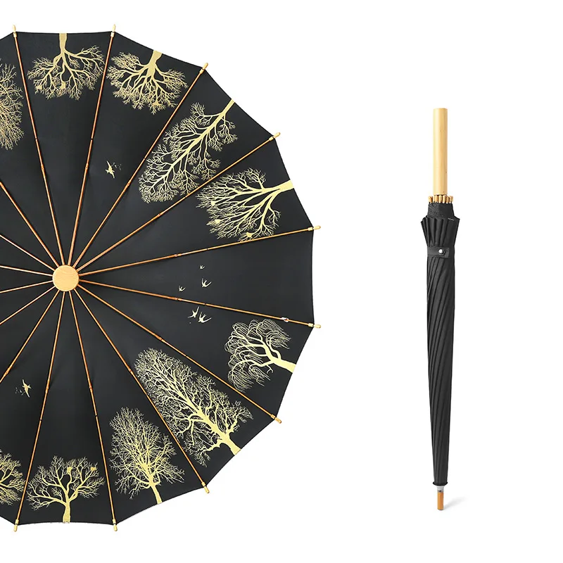 Antique Unique Umbrella Pattern Wooden Handle Straight Umbrella Suitable For Going Out To Take Photos