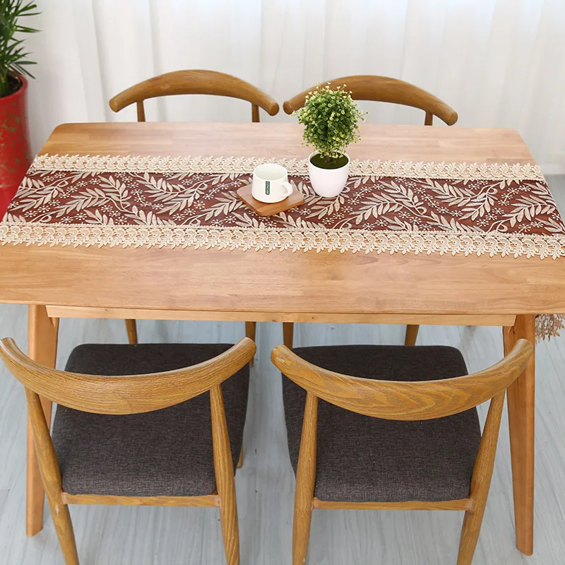 Modern Style Beautiful Hollow Lace Linen Village Fabric Leaves Flower Embroidered Table Runner For Decor