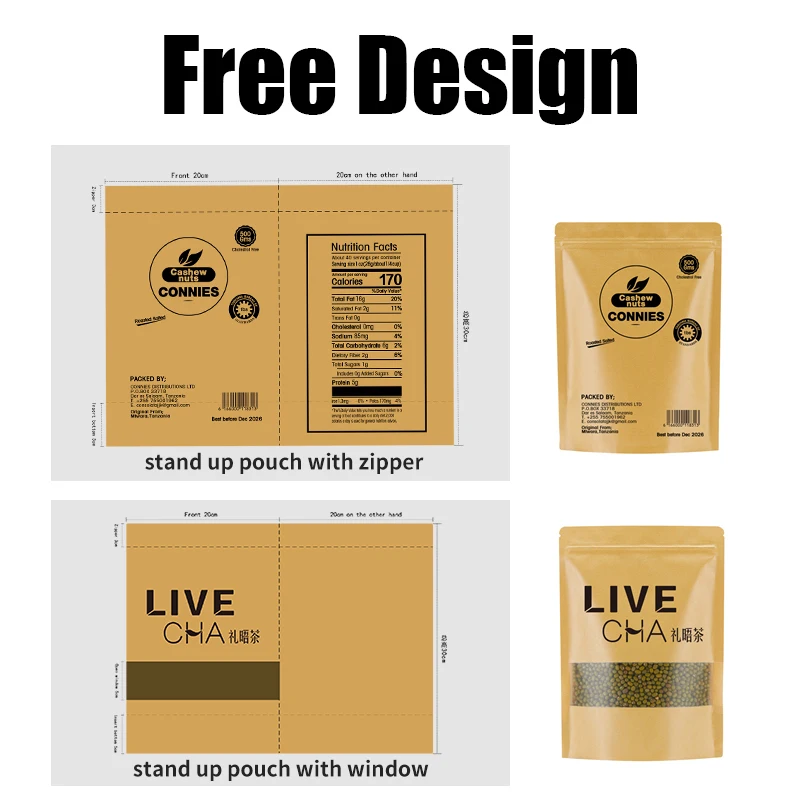 Custom Kraft Paper Stand-Up Pouch Bag with Clear Window Hot Sale for Potato Chips Matt Finish and Ziplock Closure