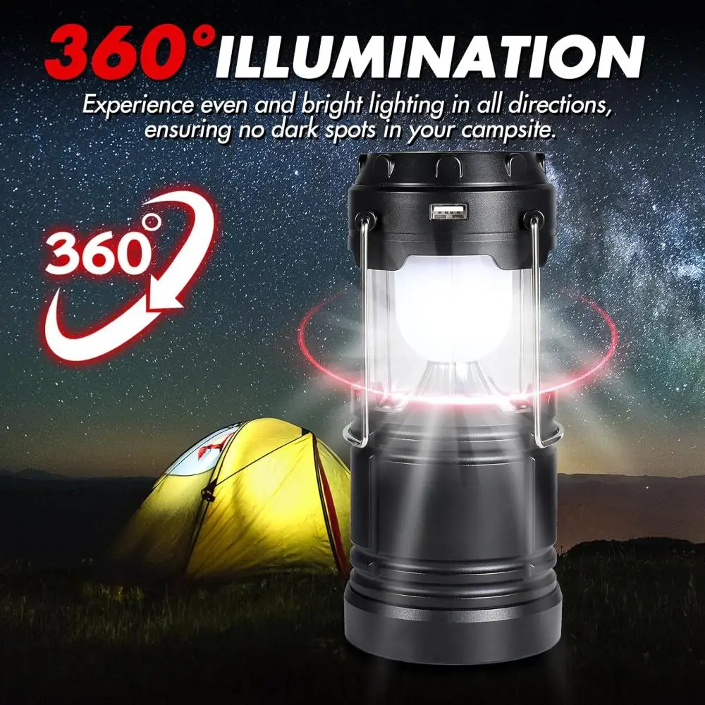 Solar USB Rechargeable 3 AA Power Brightest COB LED Camping Lantern For Tent Collapsible Emergency LED Light