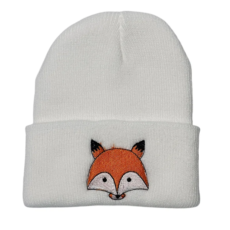 In Stock New Hats Kawaii Cartoon Fox Embroidery Children Baby Boys Girls Fashion White Grey Black Knitted Beanie Winter Kids Hat