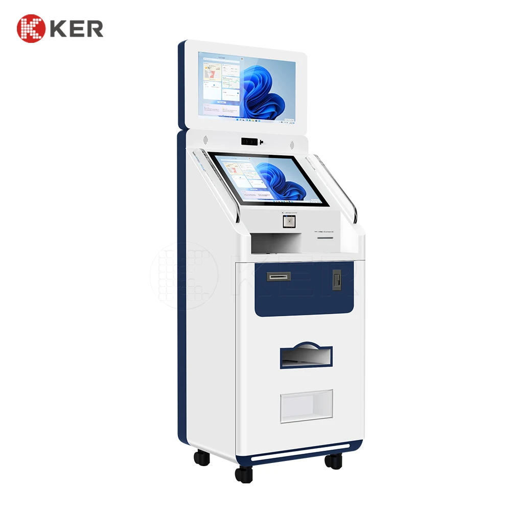 Hot selling 21.5+19 inches dual screen emv card reader touchscreen print kiosks self service cash payment kiosks