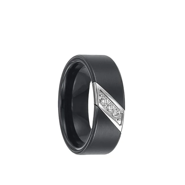 High-End Black Tungsten Ring 8mm  vvs man ring Step Edge Matte Finish 3 Cubic Zirconia Stones Inlay Wedding Band