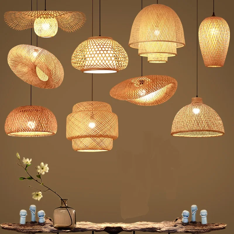Retro Handmade Natural Weave Lampshade Hotel Restaurant Decoration Rattan Art Chandelier Led Bamboo Pendant Light
