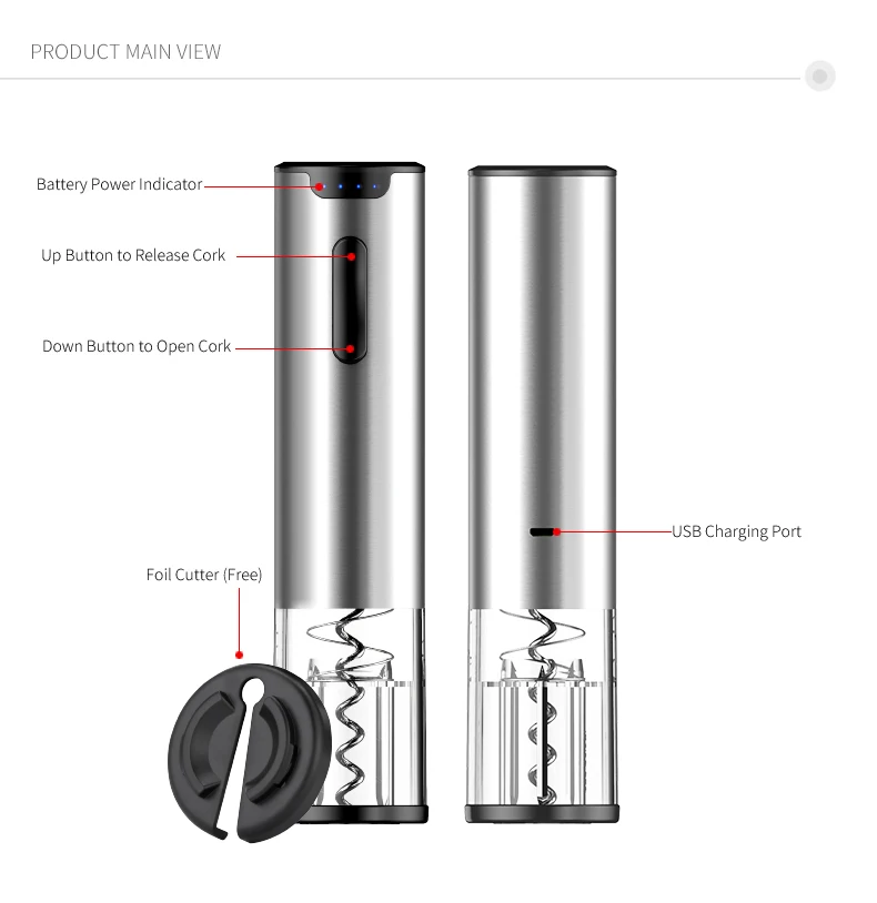 Rechargeable Electric Wine Bottle Opener Automatic Corkscrew Openers with Foil Cutter and USB Charging Cable - Blue bottleopener