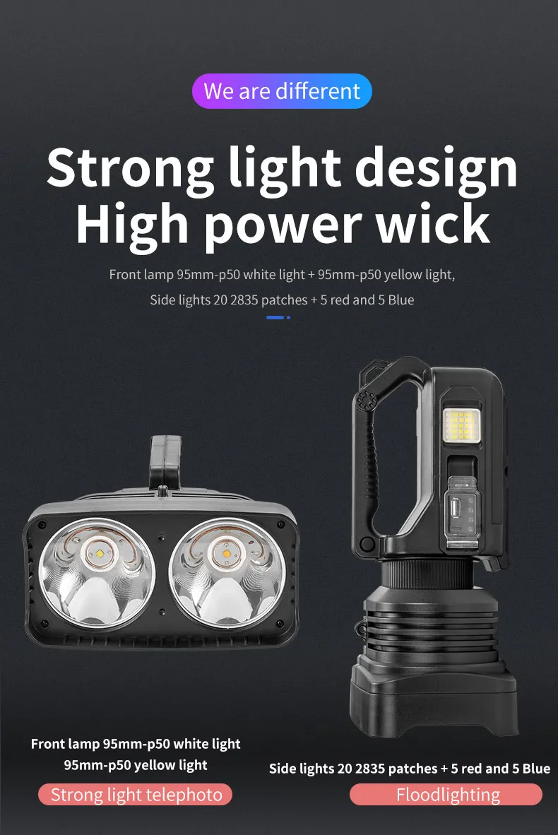 Biggest flashlight Dual Lamp work light Long Range LED Super Bright Flashlight Searchlight Double Head Searchlight