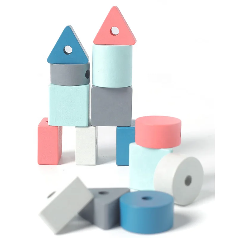 Macaron color string bead toy wooden building blocks eye hand coordinate stacking block puzzle