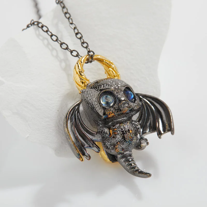 Creative personalized jewelry s925 sterling silver black bat devil pendant unisex natural moonstone necklace wholesale