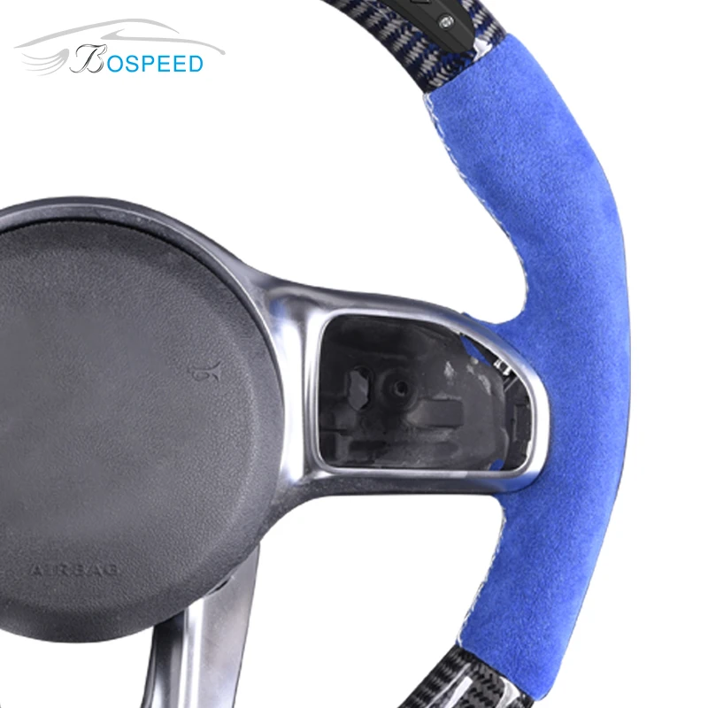 LED Black Carbon Fiber Steering Wheel for Mercedes Benz AMG with Blue Suede Leather C E S Class